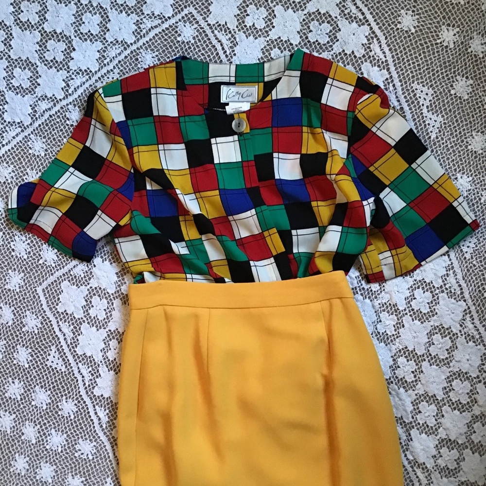 Vintage checkered multi-colored polyester blouse